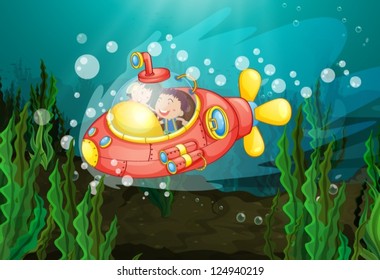 Illustration of little girls exploring underwater