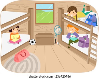Illustration of Little Girls Sharing a Cabin in a Camp