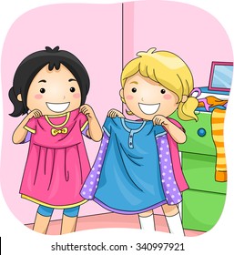 Illustration of Little Girls Sharing Dressed with Each Other