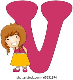 Illustration of a Little Girly Shyly Posing Beside a Letter V