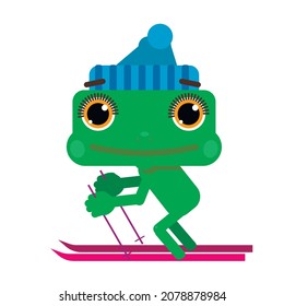 Illustration of a Little Green Frog on the Ski on White Background