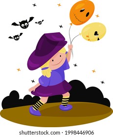 illustration of a little halloween witch with balloons