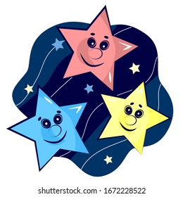 illustration of little happy stars, vector illustration with stars in the dark sky, night sky with funny characters, detailed illustration of space objects