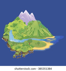 illustration of  a little  island with hills, forest, river, waterfall and a sand beach.