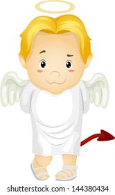 Illustration of a Little Kid Boy Angel with Halo and Devil's Tail