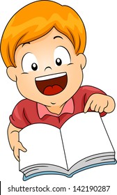 Illustration of a Little Kid Boy Carrying a Open Book and Pointing to its Page