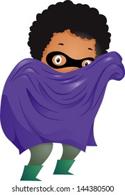 Illustration of Little Kid Boy Dressed in a Superhero Costume with Cape and Mask