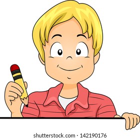 Illustration of a Little Kid Boy holding a Pencil Standing behind a Blank Board