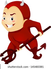 Illustration of a Little Kid Boy as a Red Devil with Horns and Pitchfork