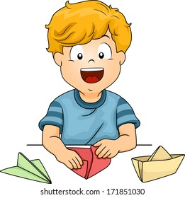 Illustration Of A Little Kid Folding Pieces Of Paper Into Different Shapes