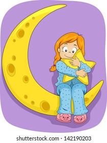 Illustration of Little Kid Girl on Pajamas sitting on the Moon while hugging a Star