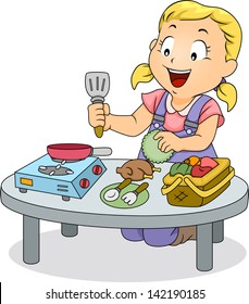 Illustration of a Little Kid Girl Playing with Kitchen Toys