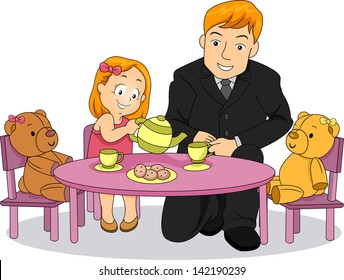 Illustration of Little Kid Girl playing Tea Party with her Father