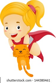 Illustration of a Little Kid Girl Superhero Rescue an Orange Cat