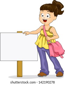 Illustration of Little Kid Girl wearing a Sling Bag standing beside a Signage