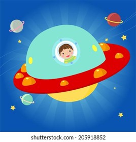 Illustration of a Little Kid Operating a Flying Saucer