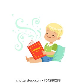 Illustration of little kid sitting on pillow with fantasy book in hands. Cartoon boy character with fabulous imagination. Flat vector illustration