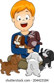 Illustration of a Little Kid Surrounded by Cute Little Puppies