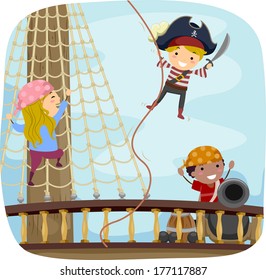 Illustration of Little Kids Dressed in Pirate Costumes Playing on the Ship Deck