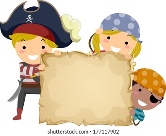 Illustration of Little Kids Dressed in Pirate Costumes Holding a Papyrus