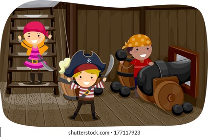 Illustration of Little Kids Preparing to Fire a Cannon
