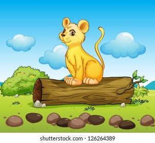 Illustration of a little lion above a log
