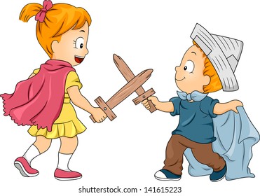 Illustration of Little Male and Female Siblings Playing Swordfight