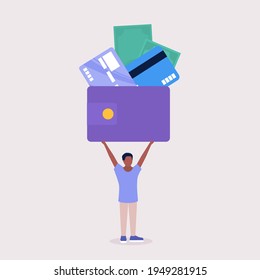 Illustration of a little man with a big credit card and wallet.
Vector illustration in a flat style