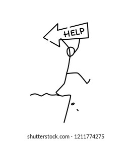 Illustration of a little man going to the abyss. Vector. Cry for help. The path to nowhere, danger near. Metaphor. Linear style. Illustration for website or poster.