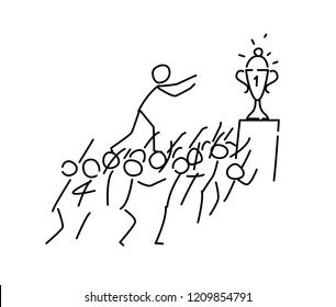 Illustration of a little man going to the award. Vector. To the goal of the head, at any cost. Metaphor. Linear style. Illustration for website or presentation. Greed in business.