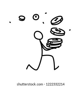 Illustration of a little man running with coins. Vector. Illustration for animation, re-presentation or website. Simple contour man. Businessman runs to the bank. Unexpected arrived.