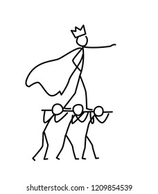 Illustration of little men and boss. Vector. Chef or king surrounded by retinue. Metaphor. Linear style. Illustration for website or presentation. Employees are lord.