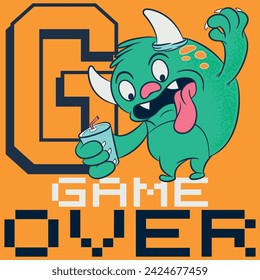Illustration of little monster with text " Game Over " with horns and soda in hand number in background and in college style