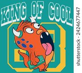 Illustration of little monster with text " King Of Cool " with horns and cell phone number in hand in background and in college style