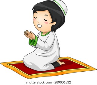 Illustration of a Little Muslim Boy Kneeling in Prayer