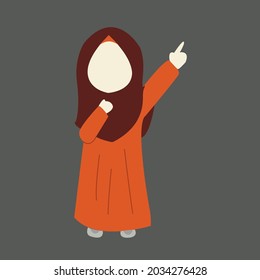 Illustration Of Little Muslim Girl Pointing Hand Up. Monotheism