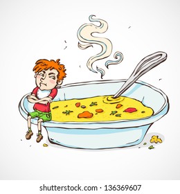 Illustration of little naughty boy refusing of dinner.