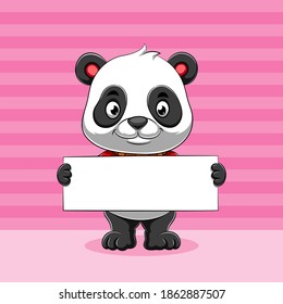 The illustration of the little panda holding a blank white board for the information with the pink background