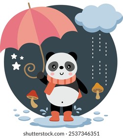 Illustration of little panda with umbrella rain