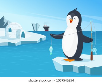 Illustration der kleinen Pinguinfischerei im Norden. Pinguinfischerei auf kalte, lustige Vogelfischarten, Vektorgrafik