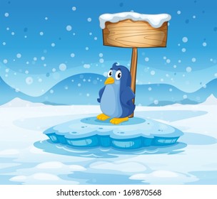 Illustration of a little penguin under the empty wooden signboard