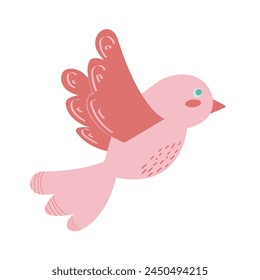 Illustration of little pink bird. Flying bird in flat style. Vector illustration isolated on white background for web design, banner, flyer, invitation, card