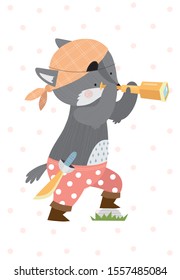 Illustration with a little pirate wolf. Vector illustration in a Scandinavian style.