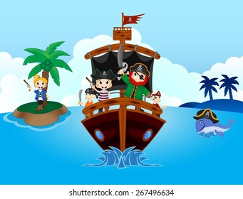 Illustration of little pirates sail with the ship