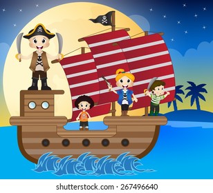 Illustration of little pirates sail with the ship