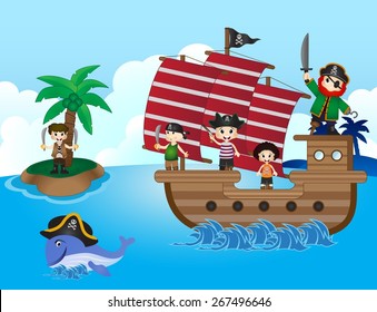 Illustration of little pirates sail with the ship