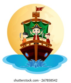 Illustration of little pirates sail with the ship
