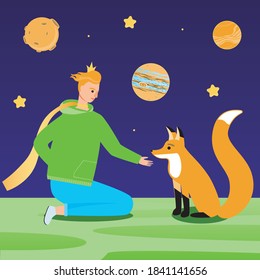 Illustration of the little prince for the book. Flat vector stock illustration. Modern little prince with a fox. Cute baby illustration. The character of the book is the prince and fox