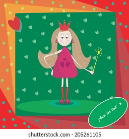 Illustration of little princess with magic wand and hearts
