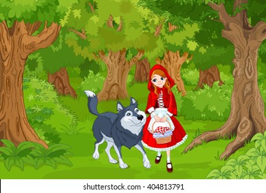 Ilustración de la pequeña capucha roja con lobo